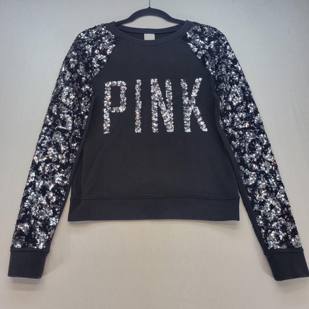 PINK Victoria's Secret Sweatshirt Womens XS Black Silver Sequin Sleeve Pullover